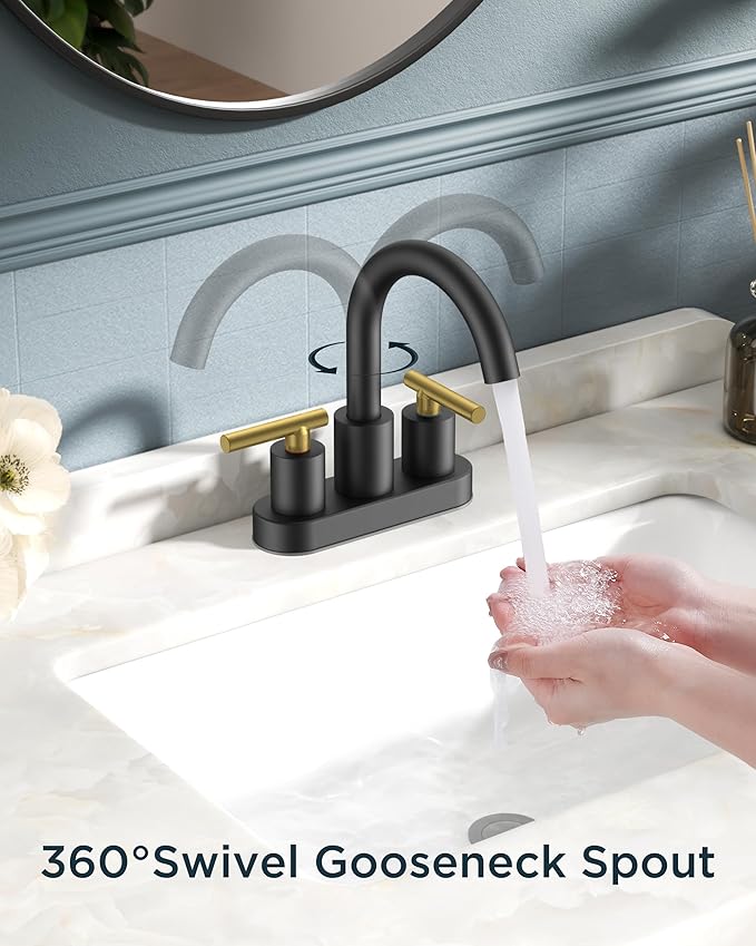 FORIOUS 4 in Black and Gold Bathroom Faucet Centerset, 2 Handle Matte Black Swivel Faucet for Bathroom Sink 2 or 3 Hole with Pop up Drain and cUPC Supply Hose, Suitable for Vanity RV Restroom