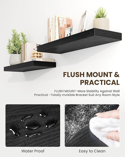 Marsmiles 72" Floating Shelves for Wall, Wooden Shelves with Invisible Brackets Set of 2, Rustic Farmhouse Wall Mounted Shelf for Kitchen Bathroom Living Room Study, Black
