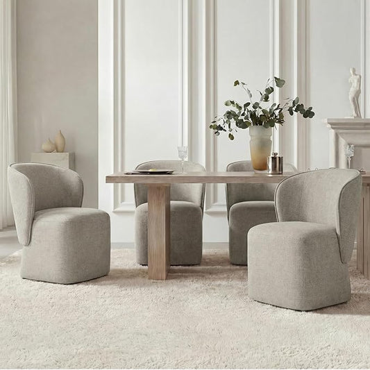 KISLOT Upholstered Dining Chairs with Wheels, No Assembly Stain Resistant Fabric Modern Barrel Armchair with Casters, Dining Room Chairs for Kitchen Living Room Bedroom, Khaki, Set of 4
