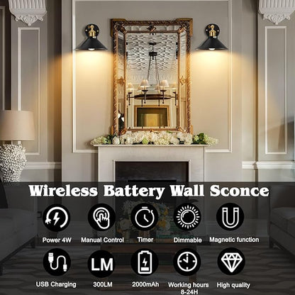 Battery Operated Wall Sconces Set, Wireless Wall Sconces with Dimmable Remote Control, USB Charging, Warm White/Natural White/Daylight/RGB, Wall Lighting for Bedroom, Living Room, Entryway