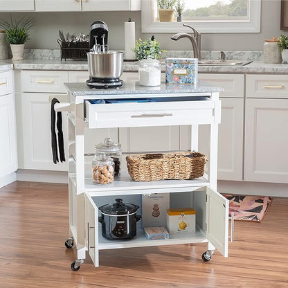 Linon Kyler White Granite Topped Kitchen Cart with Lockable Casters and Hidden Storage Spaces