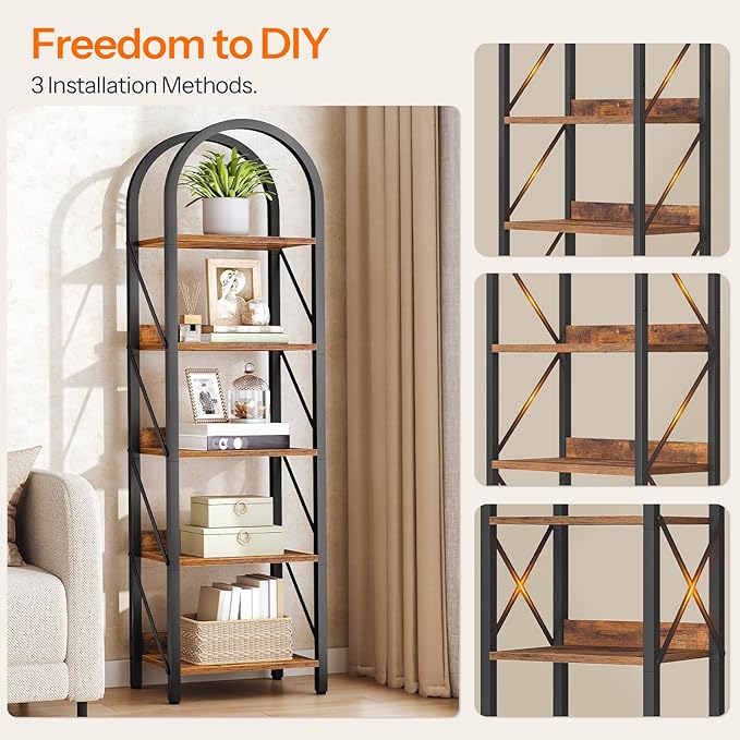 HOOBRO Bookshelf, 5-Tier Bookshelf Arched Display Racks, Industrial Bookcase with Metal Frame, Book Shelf Storage Organizer for Living Room, Office, Bedroom, Rustic Brown and Black BF425SJ01