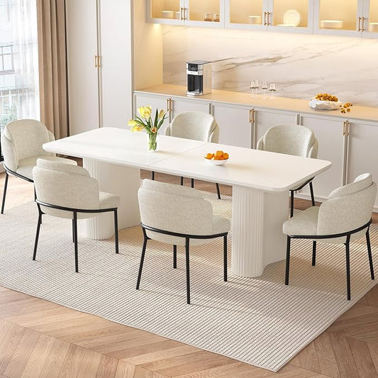 Miuuod 78.97" Extra Large Kitchen & Dining Table Set,1 Table with 6 Chairs,Modern Kitchen for Dining Center Island for Living Room,Console Desk 6 Upholstered Chairs,Cream White