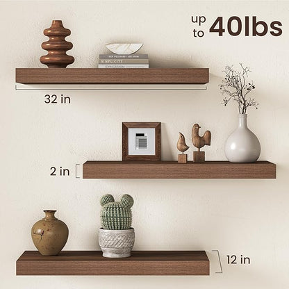 32Inch Walnut Floating Shelves for Wall, 12 Inch Deep Shelves for Bedroom, Kitchen, Bathroom Wall Mounted, Rustic Wood Floating Shelf with Invisible Brackets for Books, Storage, Decor, 2 Packs
