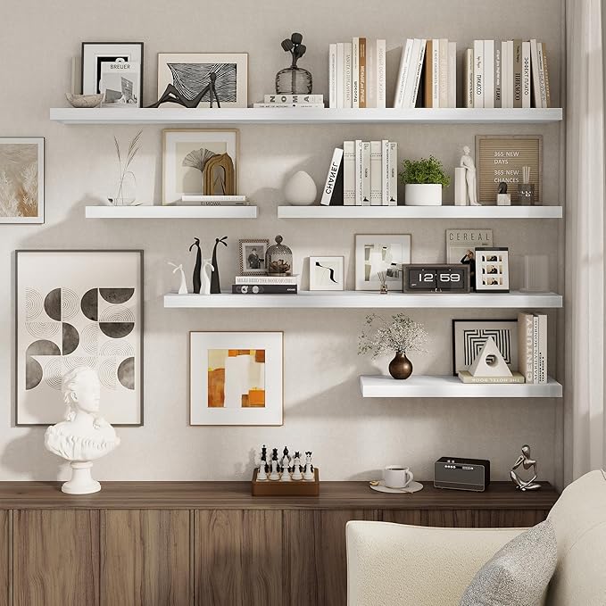 Fun Memories 72 Inch Floating Shelves for Wall, 8 Inch Deep Floating Shelf, Large Shelves with Invisible Bracket for Books|Storage, Rustic Wood Wall Shelf for Bedroom, Kitchen, Living Room, White