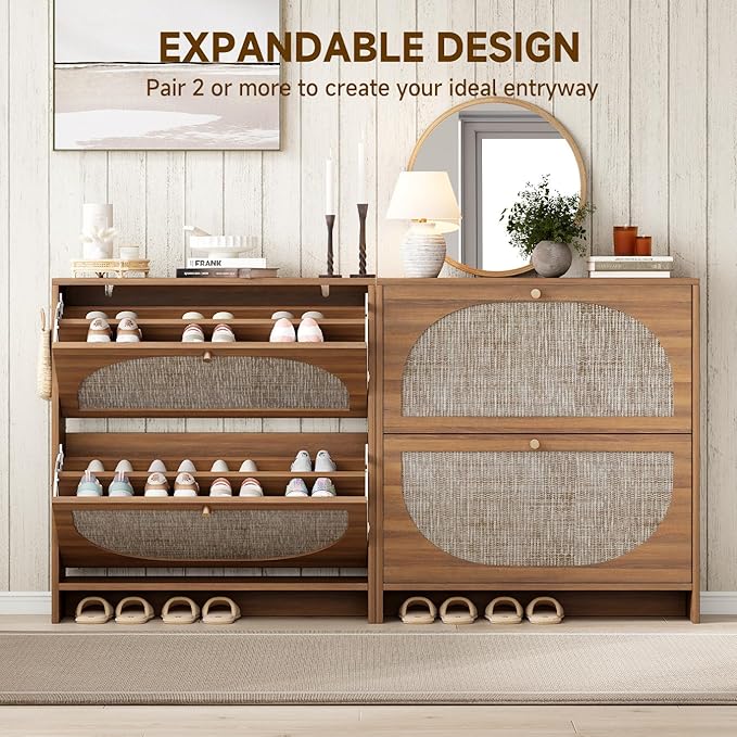 Nicetree Freestanding Ultra Slim Arched Rattan Accent Shoe Storage Cabinet for Entryway - 2 Flip Drawers & 3-Tier Adjustable Shelves, Farmhouse Modern Rustic Shoe Rack for Hallway Foyer,Brown