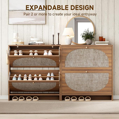Nicetree Freestanding Ultra Slim Arched Rattan Accent Shoe Storage Cabinet for Entryway - 2 Flip Drawers & 3-Tier Adjustable Shelves, Farmhouse Modern Rustic Shoe Rack for Hallway Foyer,Brown