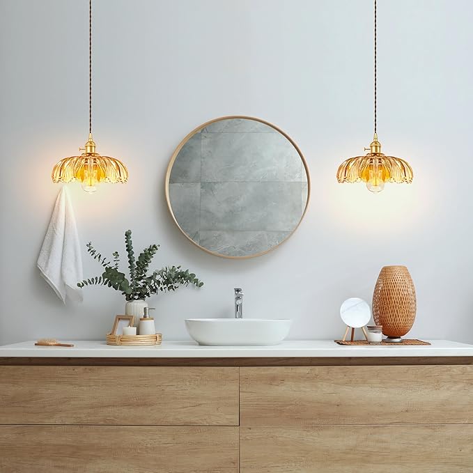 Pendant Light Fixture, Hanging Light Fixture, Glass Shade Pendant Light with Rotary Switch, Modern Lamp for Kitchen Island, Bedroom, Dining Room, Living Room (Amber Lotus, Hard-Wired)