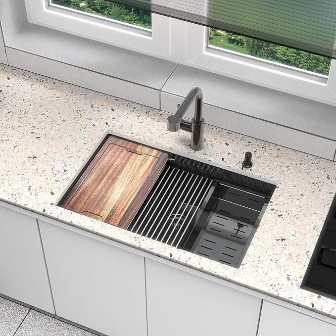 30inch Kitchen Sink Undermount Metal Black - Feibus 30x19x10 with Double Step Workstation 16 Gauge Honeycomb Embossment Stainless Steel Single Bowl