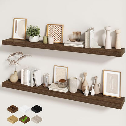 Fun Memories 60 Inch Fireplace Mantel - Long Floating Shelf, Wall Mounted Farmhouse Display with Invisible Heavy Duty Metal Bracket, Walnut, 2 Pack