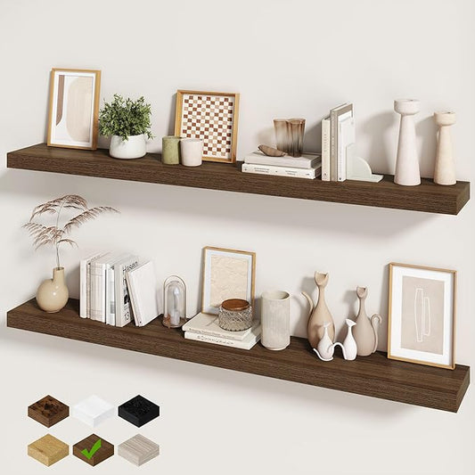 Fun Memories 60 Inch Fireplace Mantel - Long Floating Shelf, Wall Mounted Farmhouse Display with Invisible Heavy Duty Metal Bracket, Walnut, 2 Pack