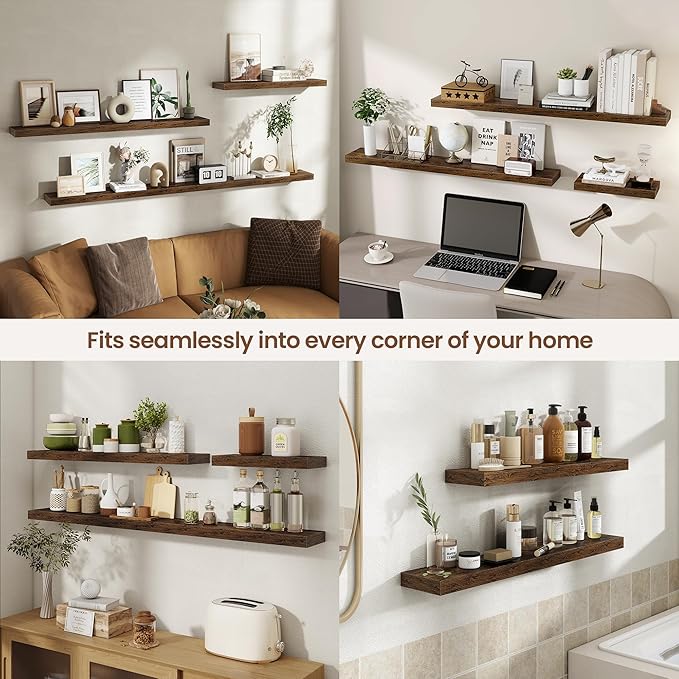 Acovy 16 Inch Floating Shelves for Wall 2 Pack, 16" Wall Shelves for Books, Storage, Decor, Wall Mounted Floating Shelf with Invisible Brackets for Kitchen, Living Room, Brown