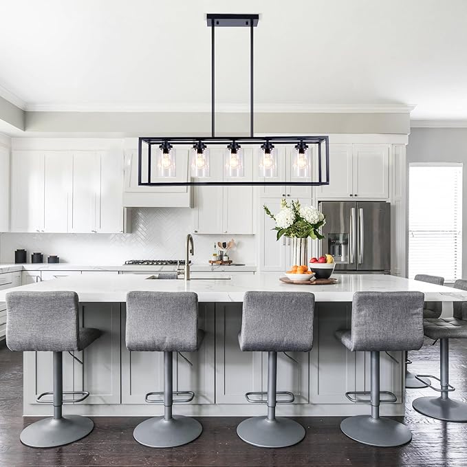 Black Rectangle Kitchen Island Lights Rectangular Modern Industrial Chandelier for Dining Room 5 Lights Linear Vintage Cage Light Fixtures