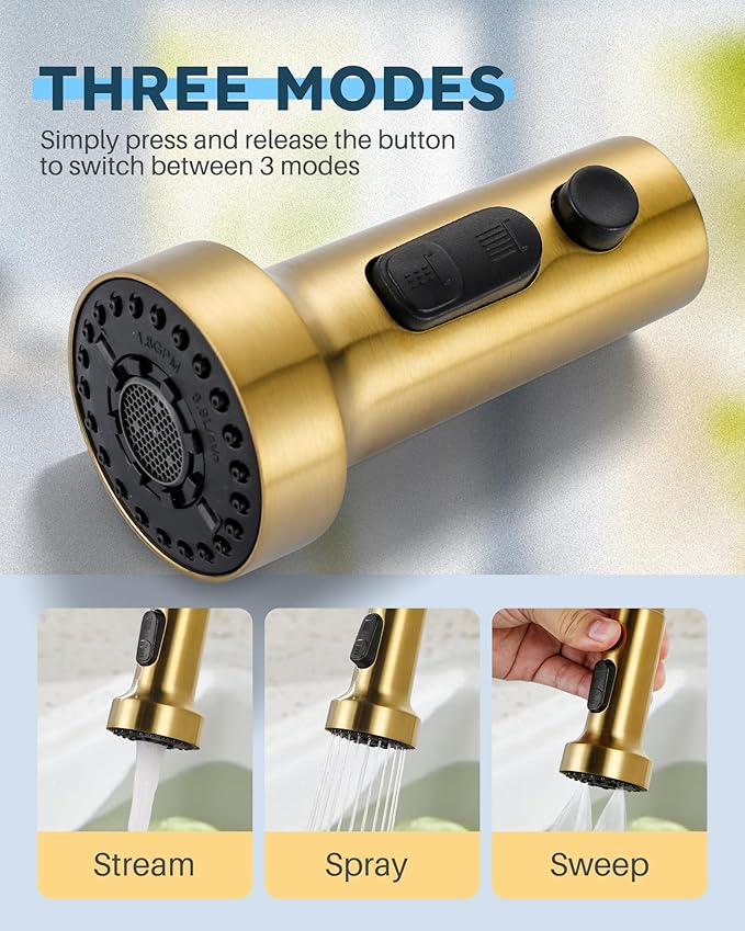 Stainless Steel Kitchen Faucet Head: ARCORA 3-Function Kitchen Faucet Head Replacement with 13 Adapters - Brushed Gold Pull Down Spray Head Compatible with Moen, Delta, American Standard Faucets