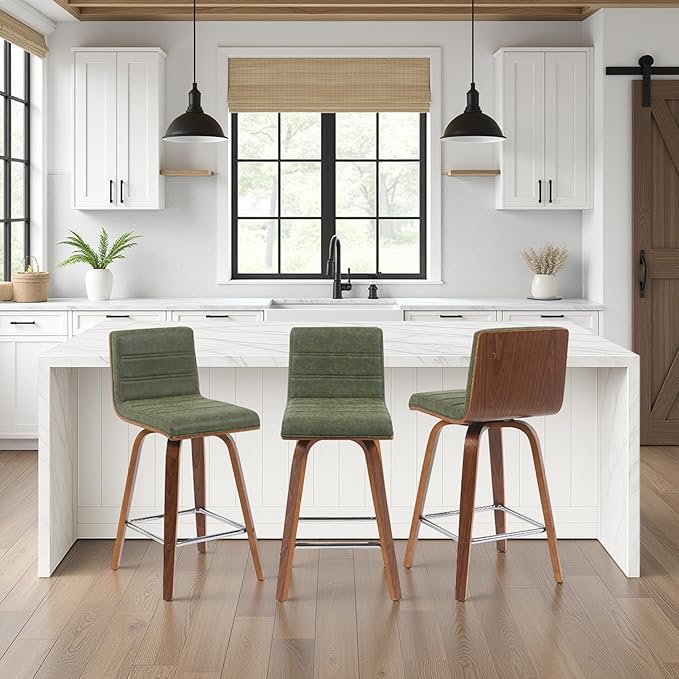 Armen Living Vienna Modern Swivel 26" Counter Height Barstool with Vintage Green Faux Leather and Walnut Wood Finish