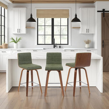 Vienna Modern Counter Height Swivel Bar Stool with Vintage Green Upholstered Seat and Walnut Finished Wood Frame Set of 3