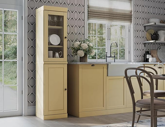 Palace Imports Solid Wood Kitchen Pantry - Narrow Storage Cabinet - 16.5" Wide x 71.5" Tall - 1 Raised Panel & 1 Glass Door, Adjustable Shelves, Yellow, 100% Eco-Friendly Wood, Modular Cabinets