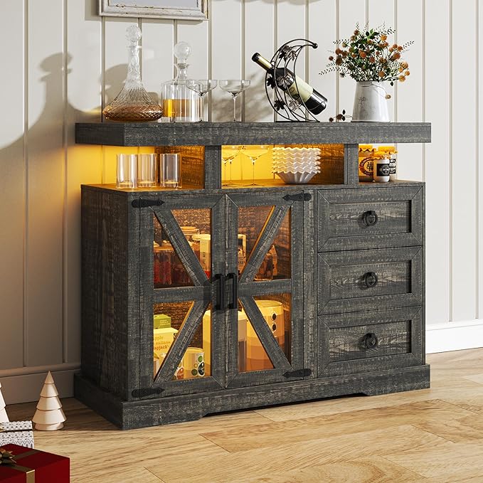 HNEBC LED Farmhouse Sideboard Buffet Cabinet with Storage, Wood Coffee Bar Station Table w/Charging Station, Large Kitchen Storage Cabinet w/Adjustable Shelf and 3 Drawers (Dark Rustic Oak)