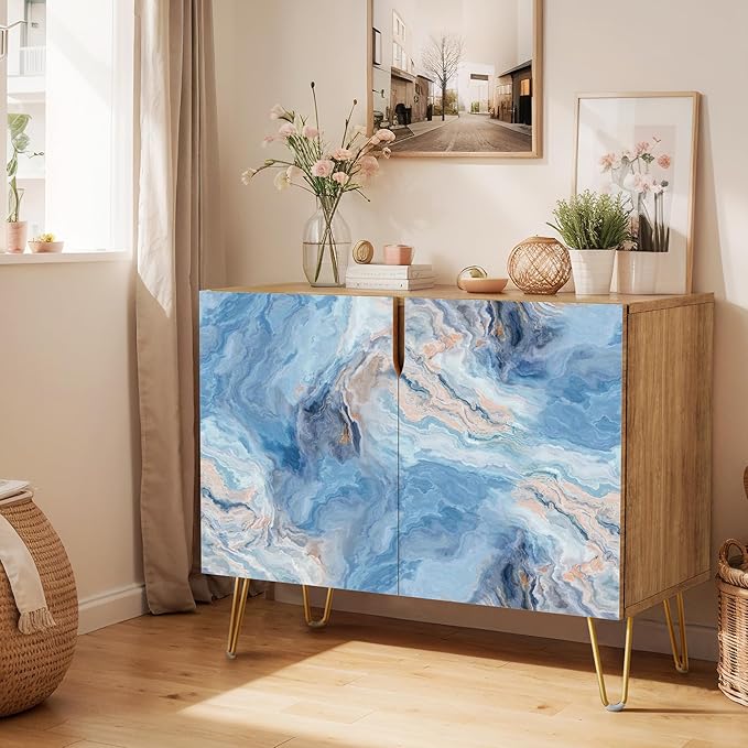 SIGNWIN Sideboard Buffet Cabinet, Kitchen Storage Cabinet with 2 Doors, Blue & Gray Marble Granite Pattern, Cupboard Console Table for Dining Room - 35" L x 18" W x 29" H
