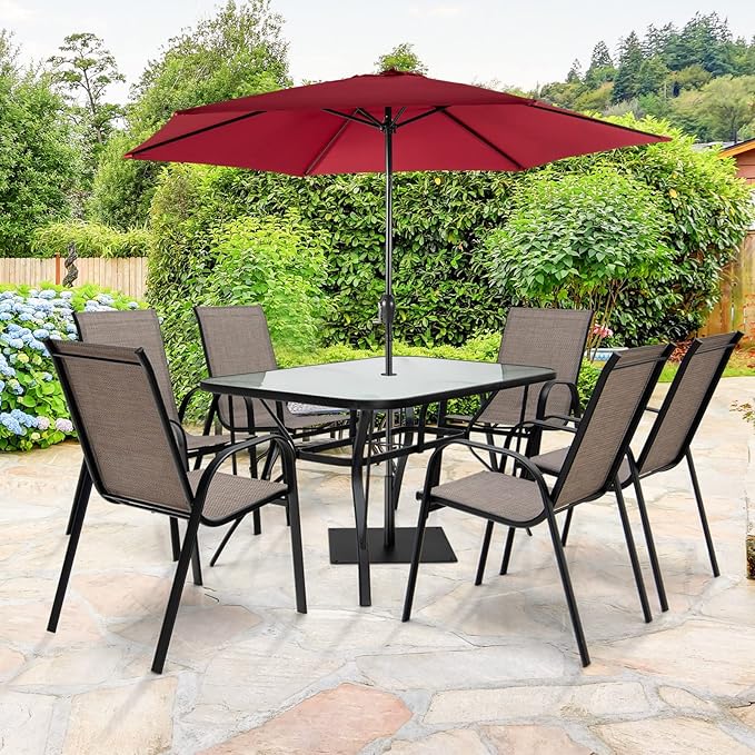 Giantex Patio Dining Table for for 4-6 Person, Outdoor Table with 1.5” Umbrella Hole, Rectangular Tempered Glass Tabletop, Sturdy Steel Frame, 55” x 35” x 28”
