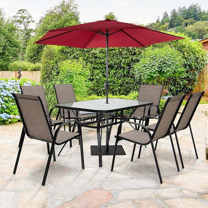 Giantex Patio Dining Table for for 4-6 Person, Outdoor Table with 1.5” Umbrella Hole, Rectangular Tempered Glass Tabletop, Sturdy Steel Frame, 55” x 35” x 28”