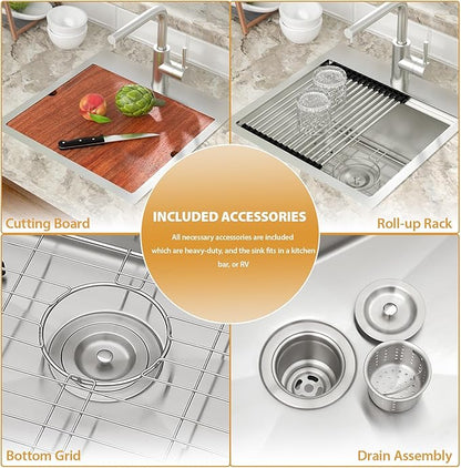 Mocoloo 18 Inch Bar Sink with Faucet, 16 Gauge Drop in Workstation Sink - 18x18x9" Stainless Steel Single Bowl Small Rv Kitchen Sink with Pull-Out Faucet
