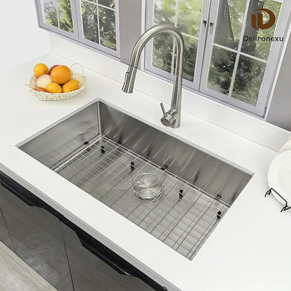 32 Inch Undermount Kitchen Sink - Delironexu 16 Gauge Stainless Steel Kitchen sink Single Bowl, 32''x18'' Undermount Sink with Brushed Finish, Includes 4 Accessories