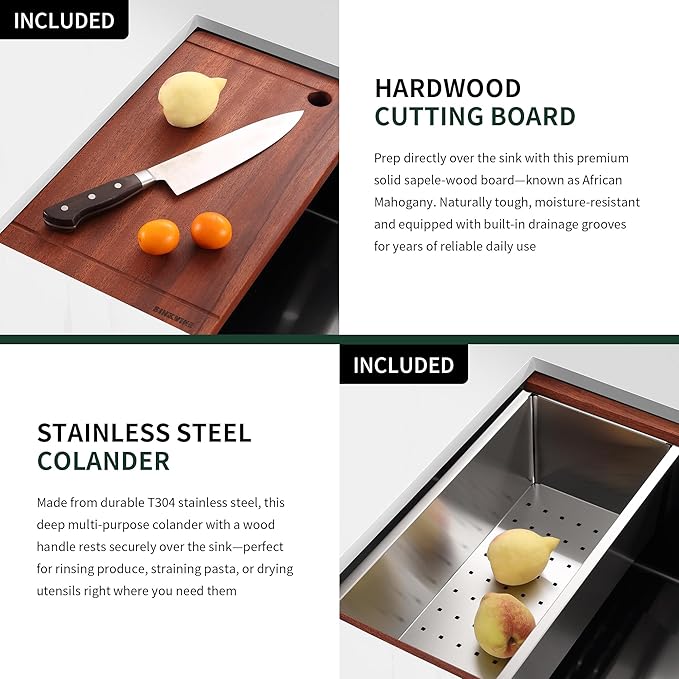 30-inch Black Undermount Kitchen Sink Workstation, SINKVINE 30x19 Large Outdoor Prep Sink, PVD Nano Stainless Steel Single Bowl w/Wood Cutting Board, SST Colander, and Roll-up Dish Drying, Dark Gray