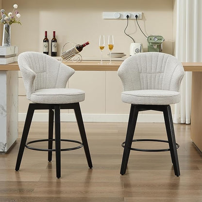 Wing Back Swivel Bar Stools Set of 2 25" Counter Height Adjustable Stools with Solid Wood Legs Chenille Upholstery, Leveling Feet for Kitchen Island, Home Pub or Dining Room, White
