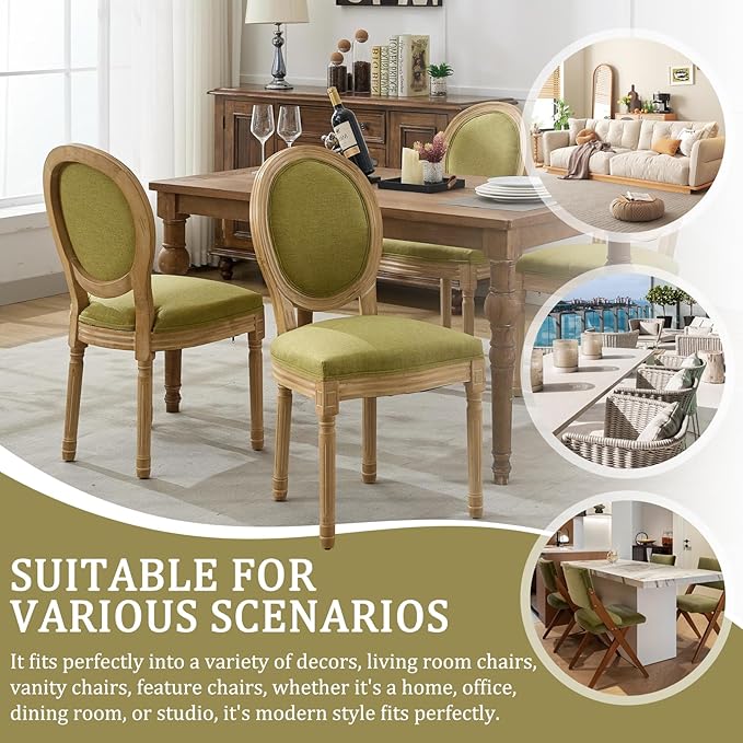 Linen Wooden Dining Chair Set of 6, Upholstered Farmhouse Dining Chair with Solid Wood Frame, Kitchen & Dining Room Chairs for Living Room, Restaurant, Bedroom (Green-Padded, Set of 6)