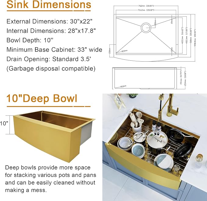 HEARCATE 30 Inch Luxury Gold Farmhouse Sink 16 Gauge Stainless Steel Workstation Undermount Apron Front Gold Kitchen Sink 10 Inch Deep Single Bowl Farm Sink