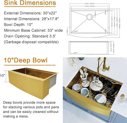 HEARCATE 30 Inch Luxury Gold Farmhouse Sink 16 Gauge Stainless Steel Workstation Undermount Apron Front Gold Kitchen Sink 10 Inch Deep Single Bowl Farm Sink