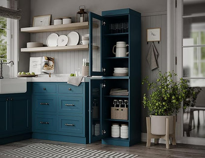 Palace Imports Solid Wood Kitchen Pantry Cabinet w/Glass Doors - Narrow Storage Cabinet - 16.5" Wide x 71.5" Tall - Teal Blue, Adjustable Shelves, 100% Eco-Friendly Wood, Modular Cabinets