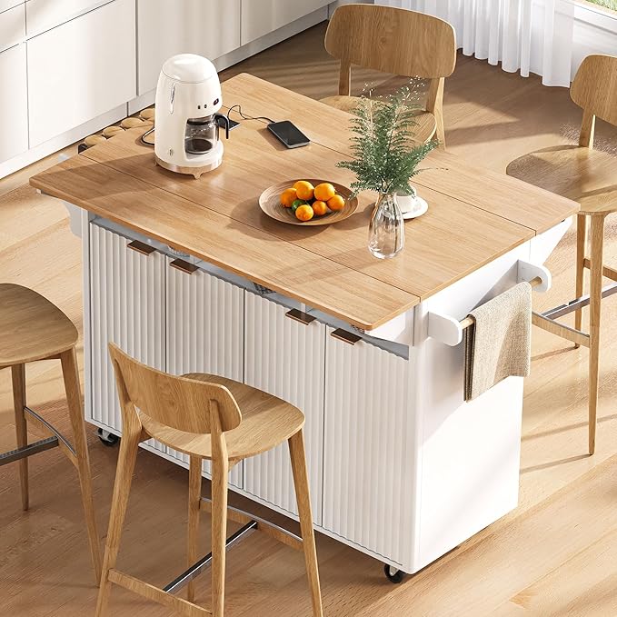 Modern Dining Table Kitchen Island with 2 Drop, Cart Power Outlet, 4 Doors Spice Rack, Rolling Table Faux Marble Top, Curved Edge Wood Console,White-MDF