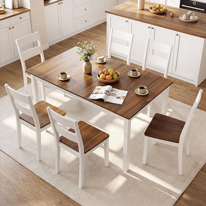 Giantex Dining Table for 4-6, 60" Rectangular Kitchen Table with Solid Rubber Wood Legs, Farmhouse Wooden Dinner Table for Dinette, Home Office, Living Room (Brown)