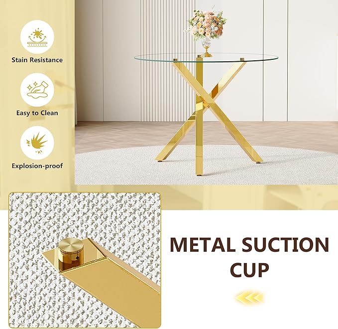 Round Glass Dining Table 39 Inch Modern Round Kitchen Table with Metal Legs Durable Stylish Dinner Table for Dining Room Kitchen