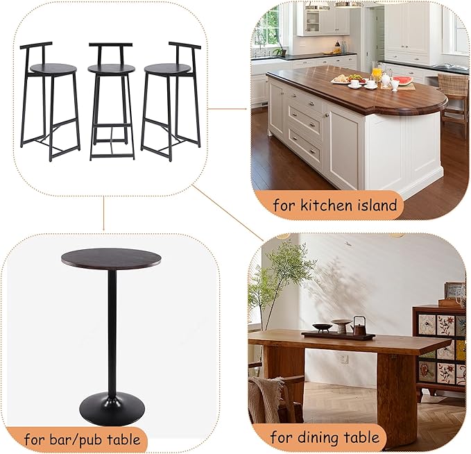 Kitchen Island Bar Chairs Set of 3 Metal Counter Barstools with Backrest for Dining Pub Room