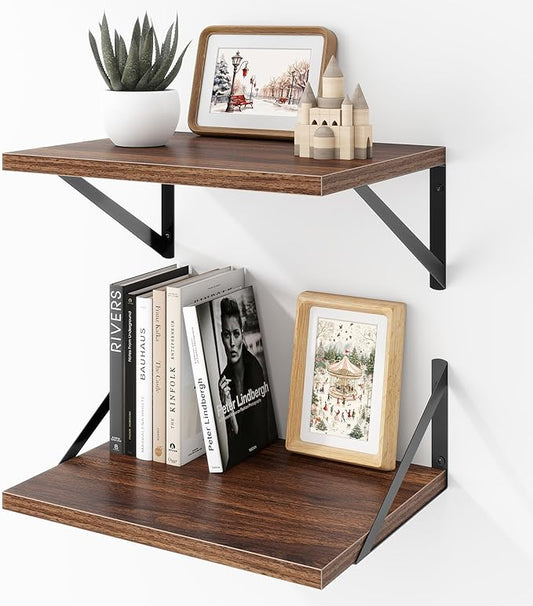 Acovy Deep Floating Shelves Wall Mounted, 16"x12" Walnut Wall Shelves with Brackets Set of 2 for Bedroom, Living Room, Bathroom, Kitchen, Office - Storage & Display Shelf for Decor, Books, Plants