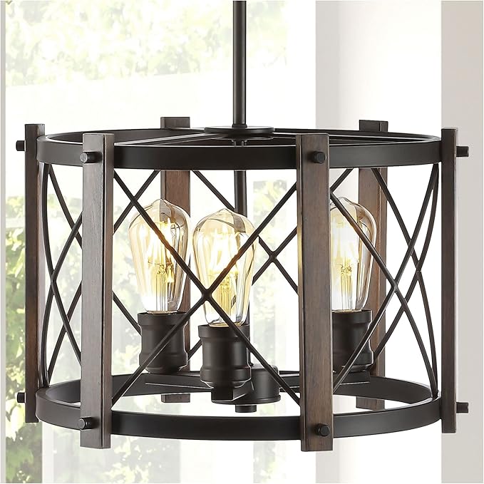 JONATHAN Y 16" Oil Rubbed Bronze 3-Light Farmhouse Drum Pendant Light, Industrial Dimmable LED Chandelier for Kitchen, Iron Metal Basket Shade, Bulbs Included JYL7501A