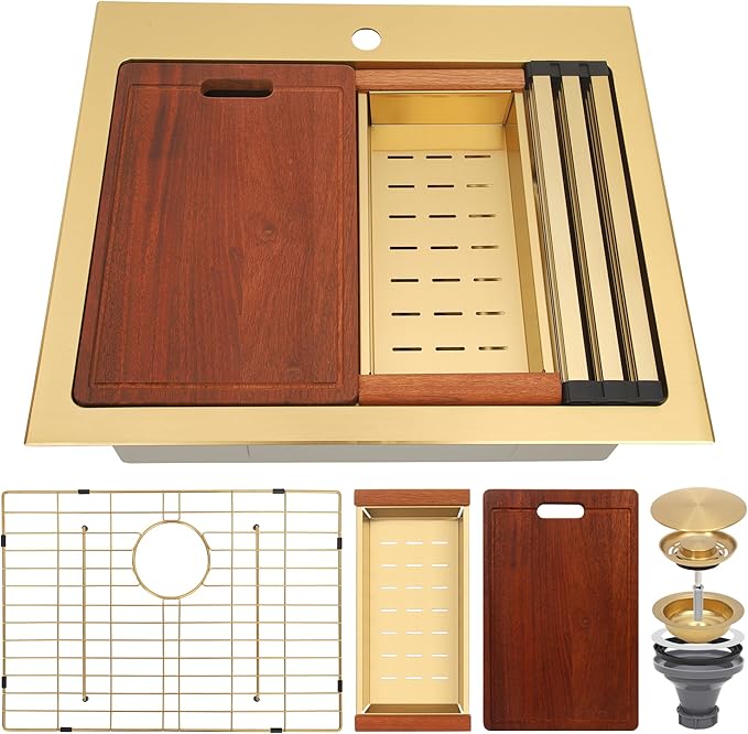 Gold Kitchen Sink 26" X 22",Drop In/Top Mount 16 Gauge Stainless Steel Workstation Sink,Deep & Large Single Bowl Kitchen Sinks (Gold, 26" X 22")