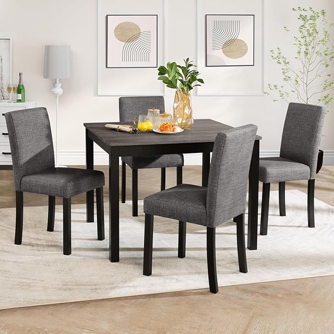 5-Piece Dining Table Set for 4, Wooden Kitchen Table and Chairs Set of 4, Square Dining Room Table with Upholstered Seats for Kitchen and Dining, Light Grey & Black Two Tone