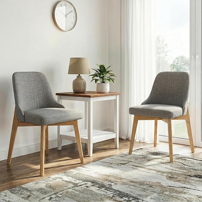 Casaphoria Set of 2 Upholstered Dining Chairs, Light Grey Fabric Kitchen Chairs with Oak Wood Legs, Modern Accent Chairs for Dining Room, Living Room or Kitchen