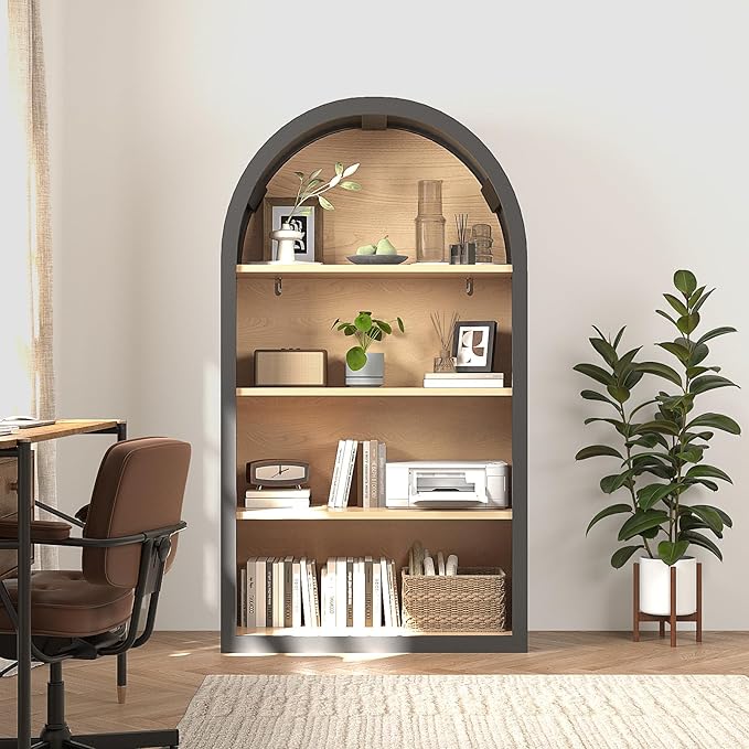 Ball & Cast 43" Tall Arched Storage Cabinet,Modern 4-Tier Wooden Display Cabinet with Open Shelves,Versatile Floor Bookcase Cabinet Organizer for Library,Living Room, Office, Black