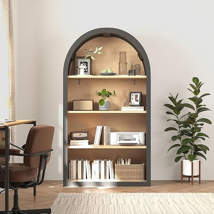 Ball & Cast 43" Tall Arched Storage Cabinet,Modern 4-Tier Wooden Display Cabinet with Open Shelves,Versatile Floor Bookcase Cabinet Organizer for Library,Living Room, Office, Black