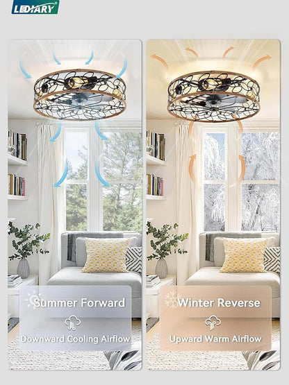 LEDIARY 23 Inch Caged Ceiling Fans with Lights, Farmhouse Flush Mount Ceiling Fan with Remote, Large Low Profile Ceiling Fan Light Fixture for Bedroom, Kitchen, Dining Room