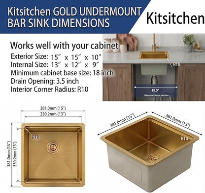 Kitsitchen Gold Bar Sink Undermount, 16 Guage Stainless Steel Workstation Sinks with Accessories, 15 Inch Small Kitchen Sink for RV, Outdoor, Wetbar, Pre-Bar