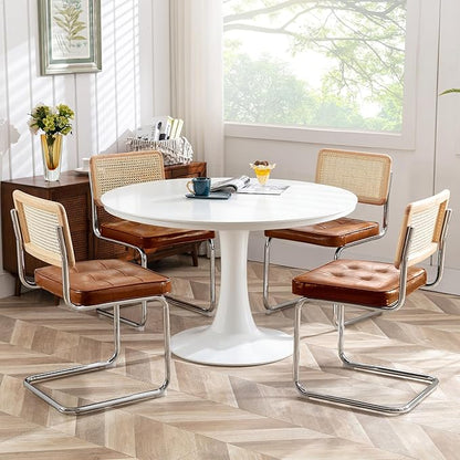 Zesthouse Natural Rattan Dining Chairs Set of 2, Modern Dining Room Chairs with Solid Wood Back for Kitchen Living Room, Mid Century Breuer Design Inspired, Upholstered Faux Leather Brown