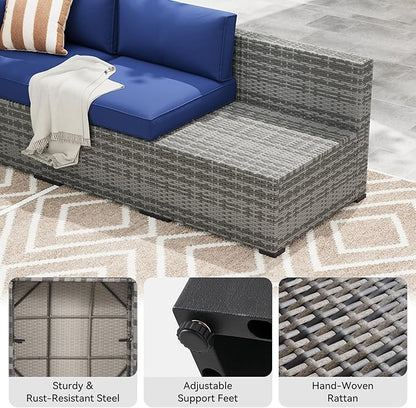 LazySunsets 7-Piece Patio Furniture Set, Wicker Rattan Outdoor Furniture with Thick Cushions, Patio Conversation Sets with Coffee Table, Outdoor Sectional Couch Sofa with Waterproof Cover, Blue