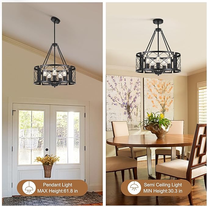 Sigaitwei 5-Light Farmhouse Chandelier Rustic Black Chandelier for Dining Room,Adjustable Pendant Light,Drum Chandelier for Kitchen Island Entryway Bedroom Hallway,18.9'',E26.