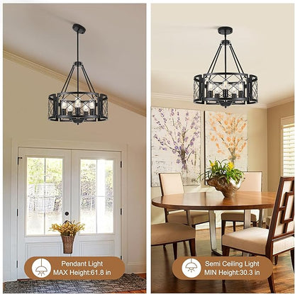Sigaitwei 5-Light Farmhouse Chandelier Rustic Black Chandelier for Dining Room,Adjustable Pendant Light,Drum Chandelier for Kitchen Island Entryway Bedroom Hallway,18.9'',E26.